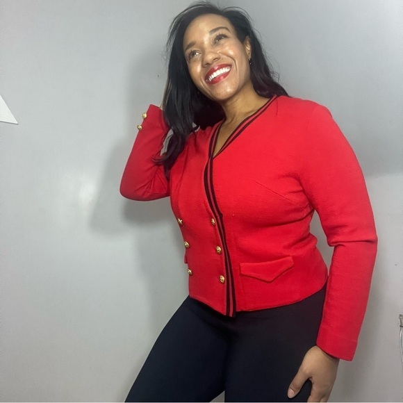 Vintage red double breasted knit cardigan wool sweater Medium preppy military - Picture 4 of 11